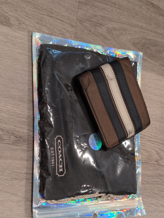 Coach Other - Coach Brown Leather Bifold Wallet with Black and Cream Stripes Men